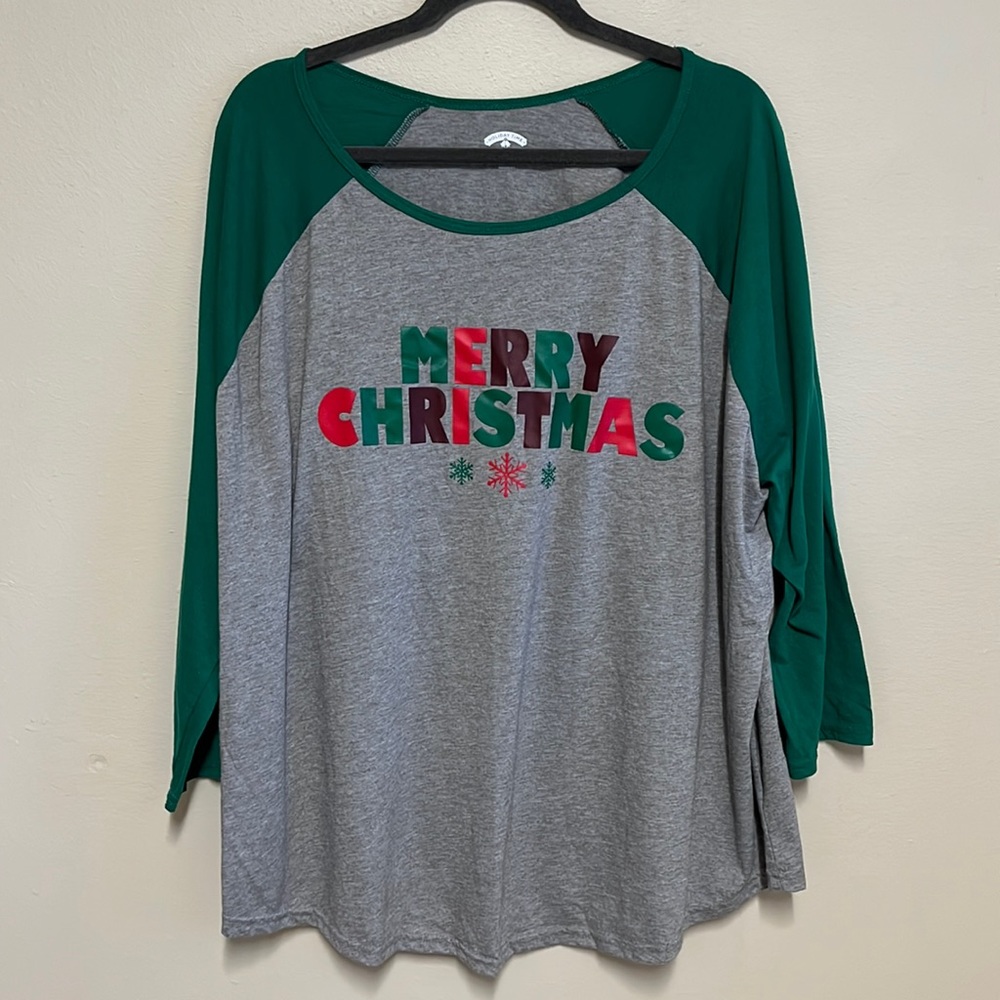 Holiday Time MERRY CHRISTMAS 3/4 Sleeve Shirt Women's 2X Gray/Green